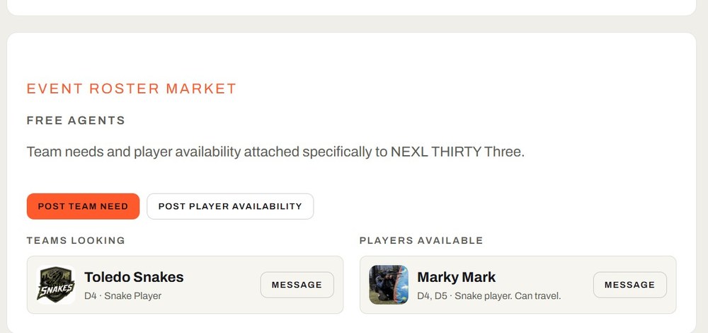 Event Roster Market showing teams looking for players and players available for NEXL Thirty Three