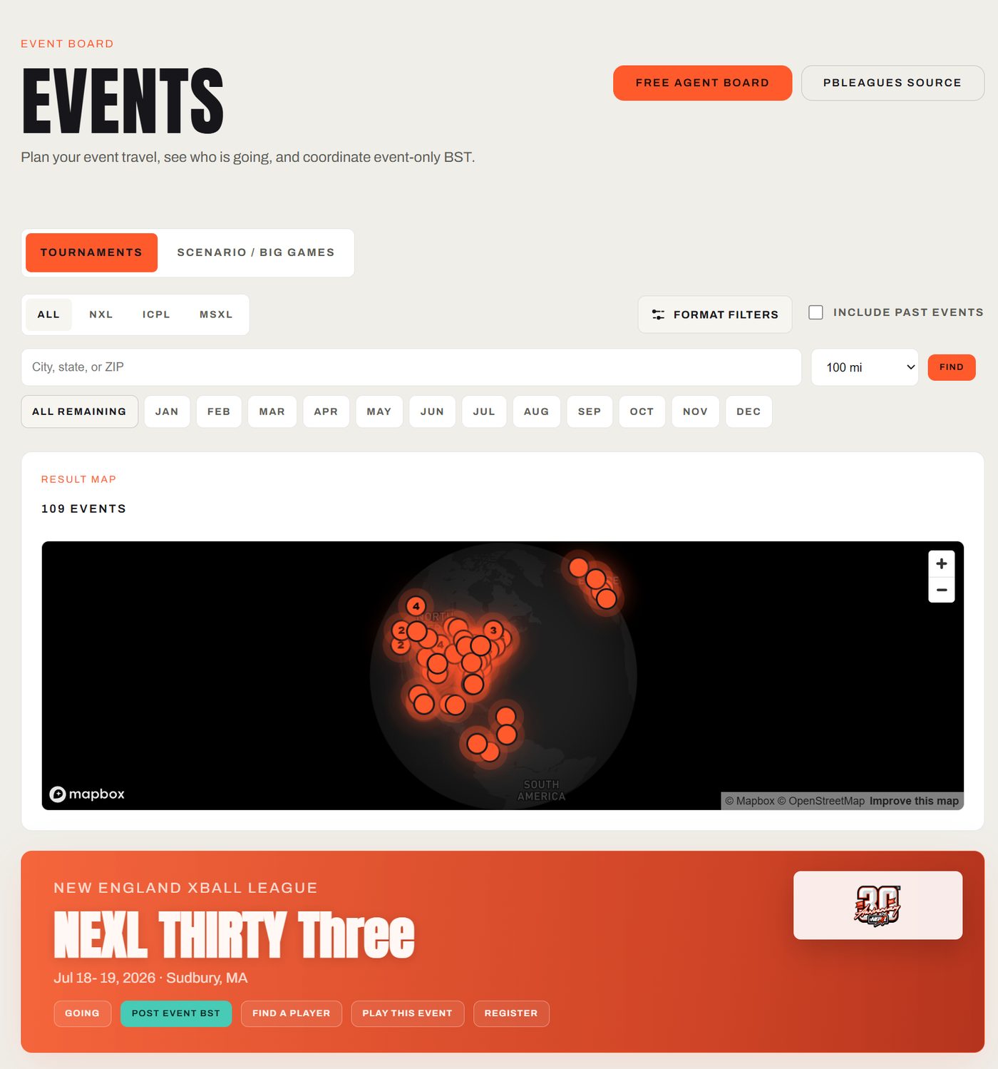 Anno Events search with tournament and scenario filters and a results map