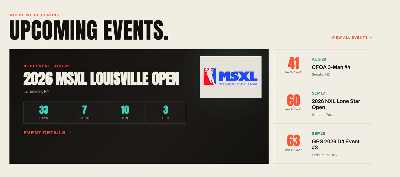 Team home page showing a live countdown to the next event and other upcoming events