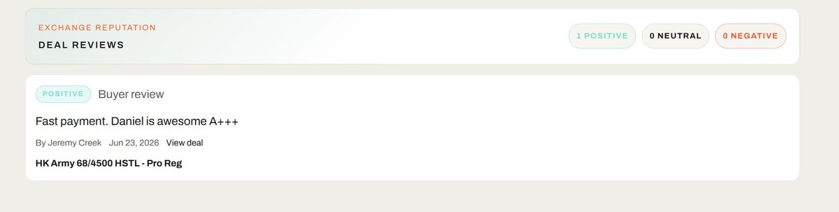 Exchange reputation showing a positive completed-deal review