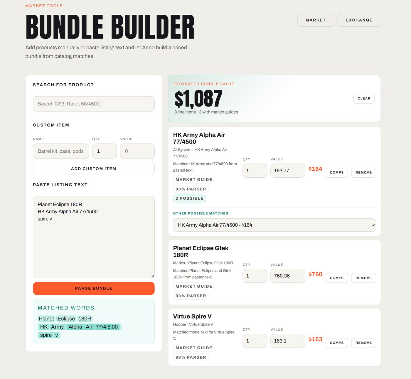 Anno Bundle Builder parsing pasted listing text into priced line items