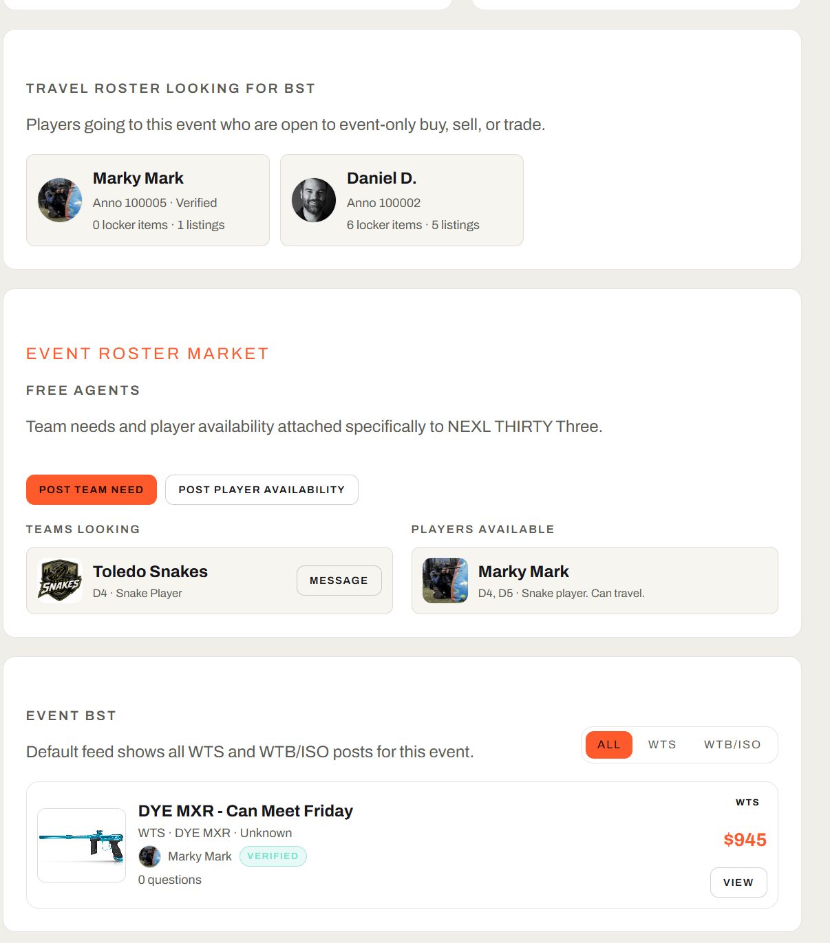 Event-specific BST with travel roster, free agents, and listings for NEXL Thirty Three