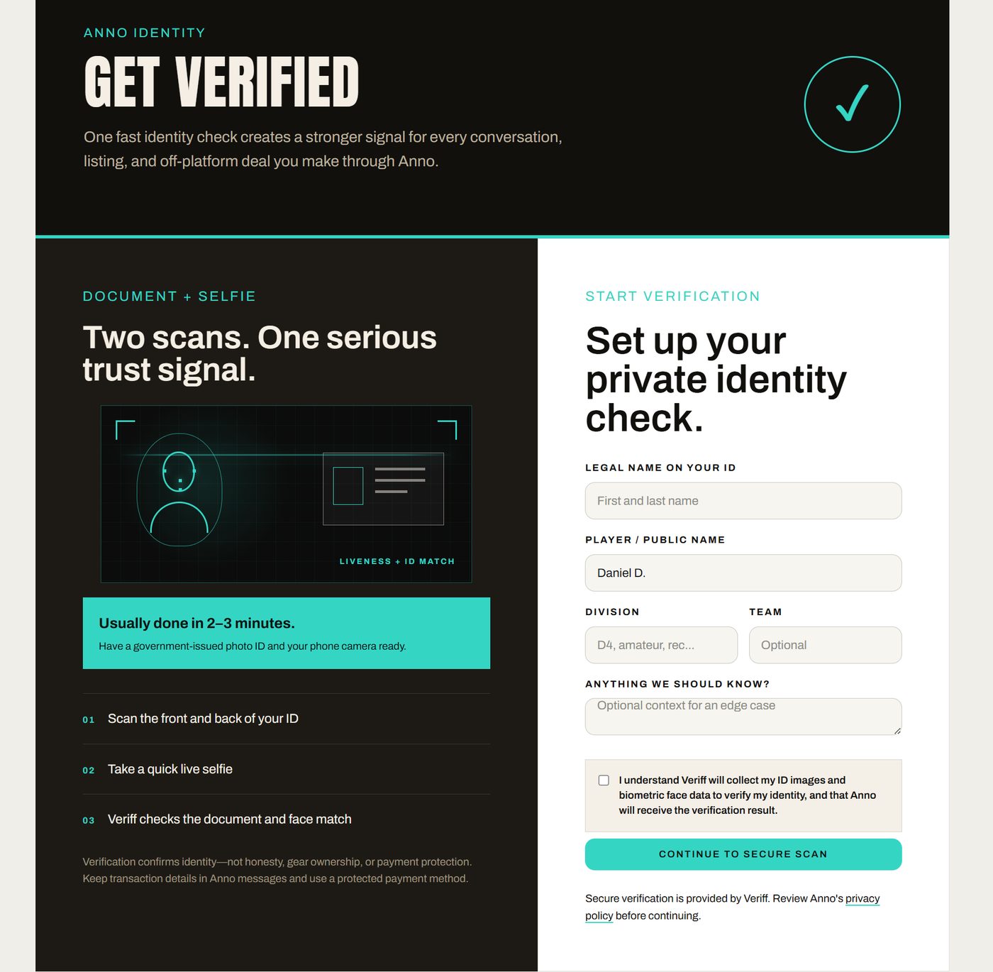 Anno identity verification with liveness and ID match, powered by Veriff