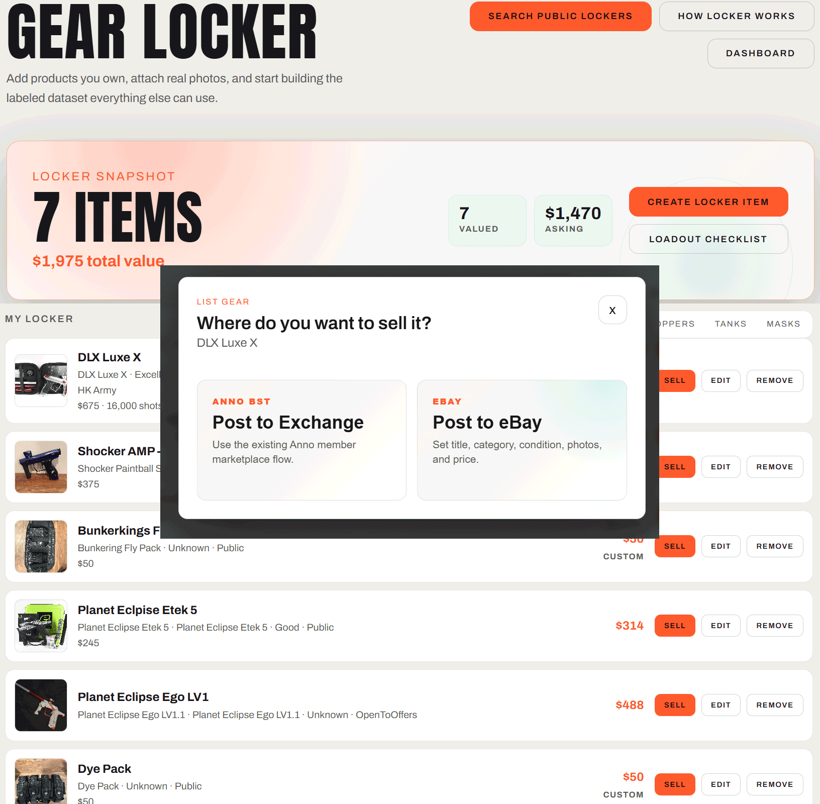 Anno Gear Locker showing owned items, current locker value, and market pulse