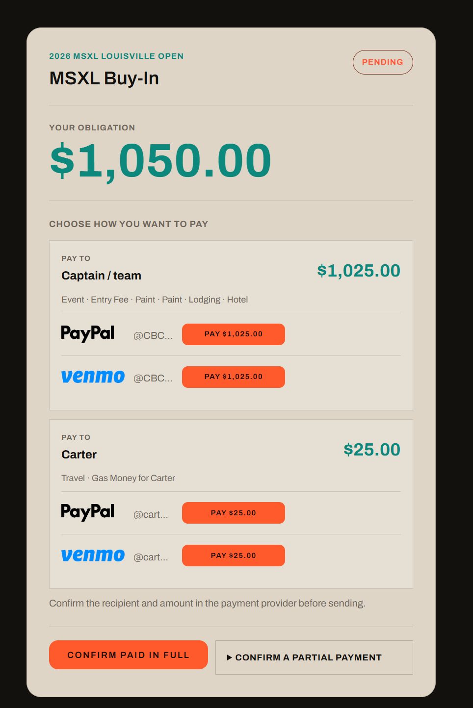 Anno Buy-In screen showing a player's obligation and Venmo or PayPal payment options