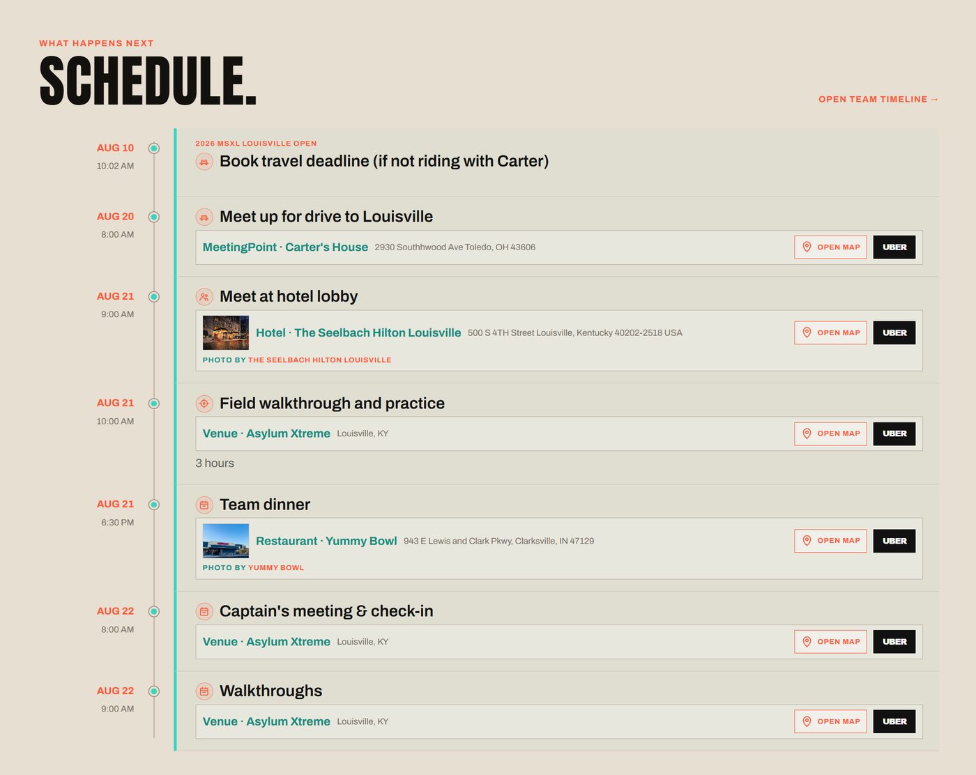 Anno team schedule showing a complete event timeline from travel deadline through walkthroughs