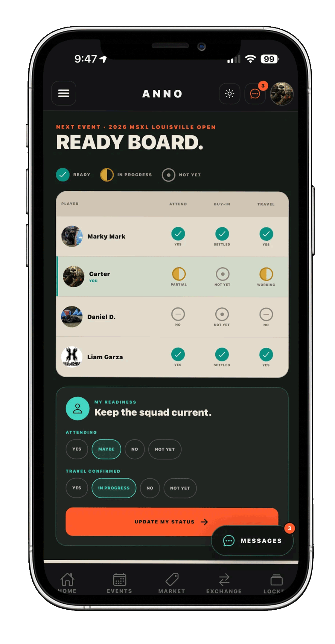 Anno mobile team ready board showing attendance, buy-in, and travel status